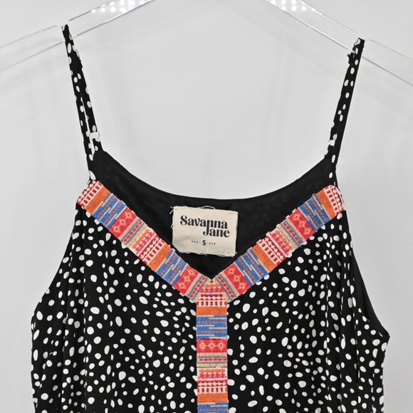 Savanna Jane Embroidered Maxi Dress Womens Sz S Black Polka Dot Bohemian Hippie - Picture 8 of 11